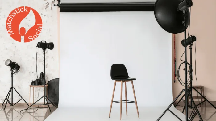 Photoshoot set in front of a screen with specialized lighting and equipment