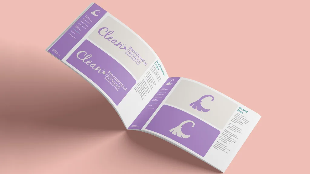 Flipped open pages of modern branding for a brand called Clean Residential Services
