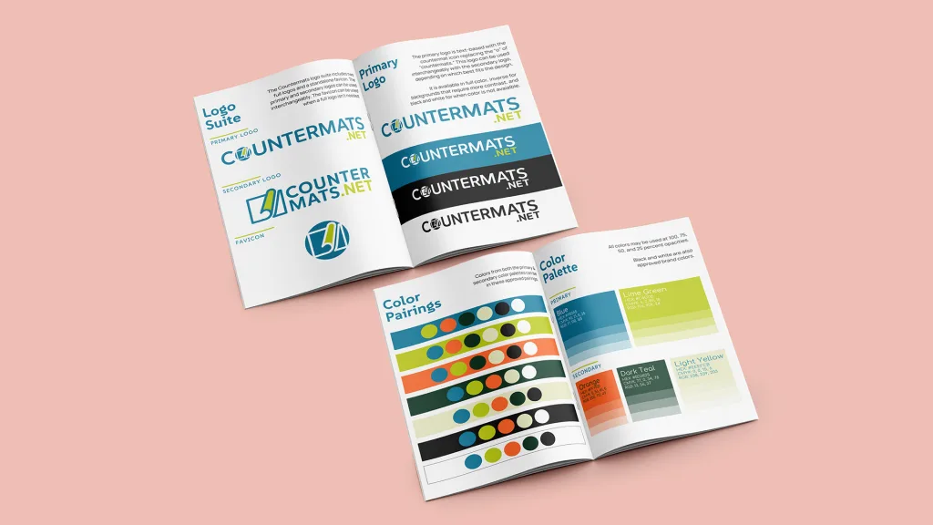Flipped open pages of modern branding for a brand called Countermats