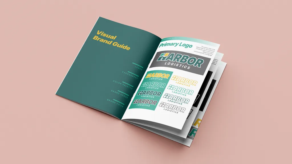 Flipped open pages of modern branding for a brand called Harbor Logistics