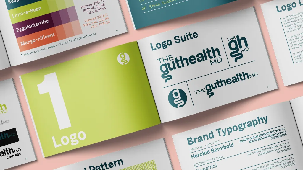 A brand guide for The Gut Health MD laid out showing multiple pages