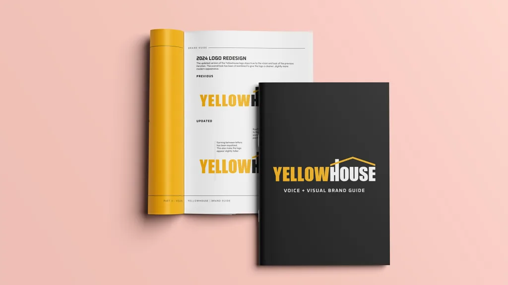 Yellowhouse Machinery brand guide laid flat on a pink background