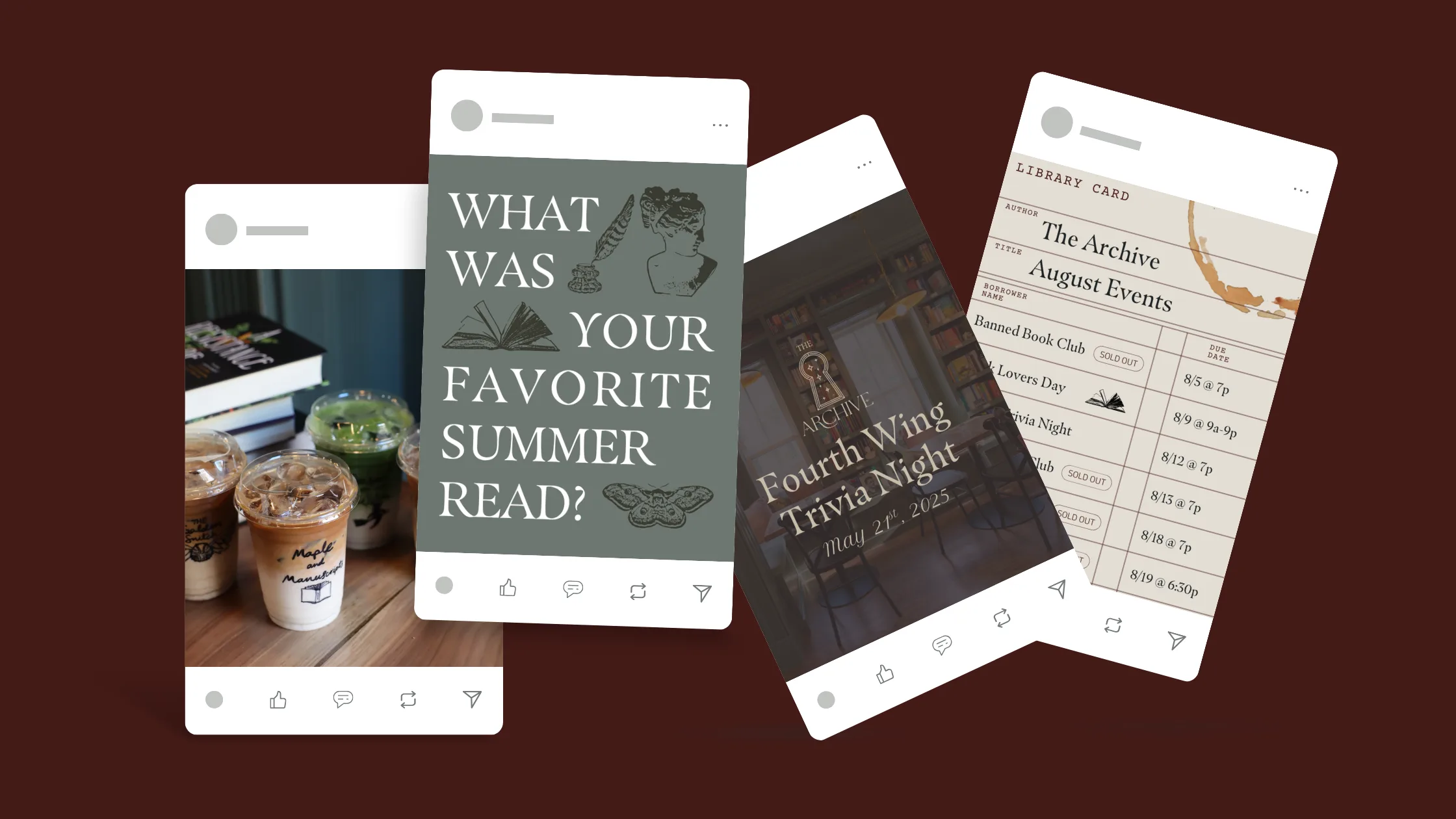 A collage of branded social media posts for The Archive featuring books, drinks, event promotions, and community prompts, illustrating digital story and storytelling examples used in business storytelling to turn audiences into loyal customers.