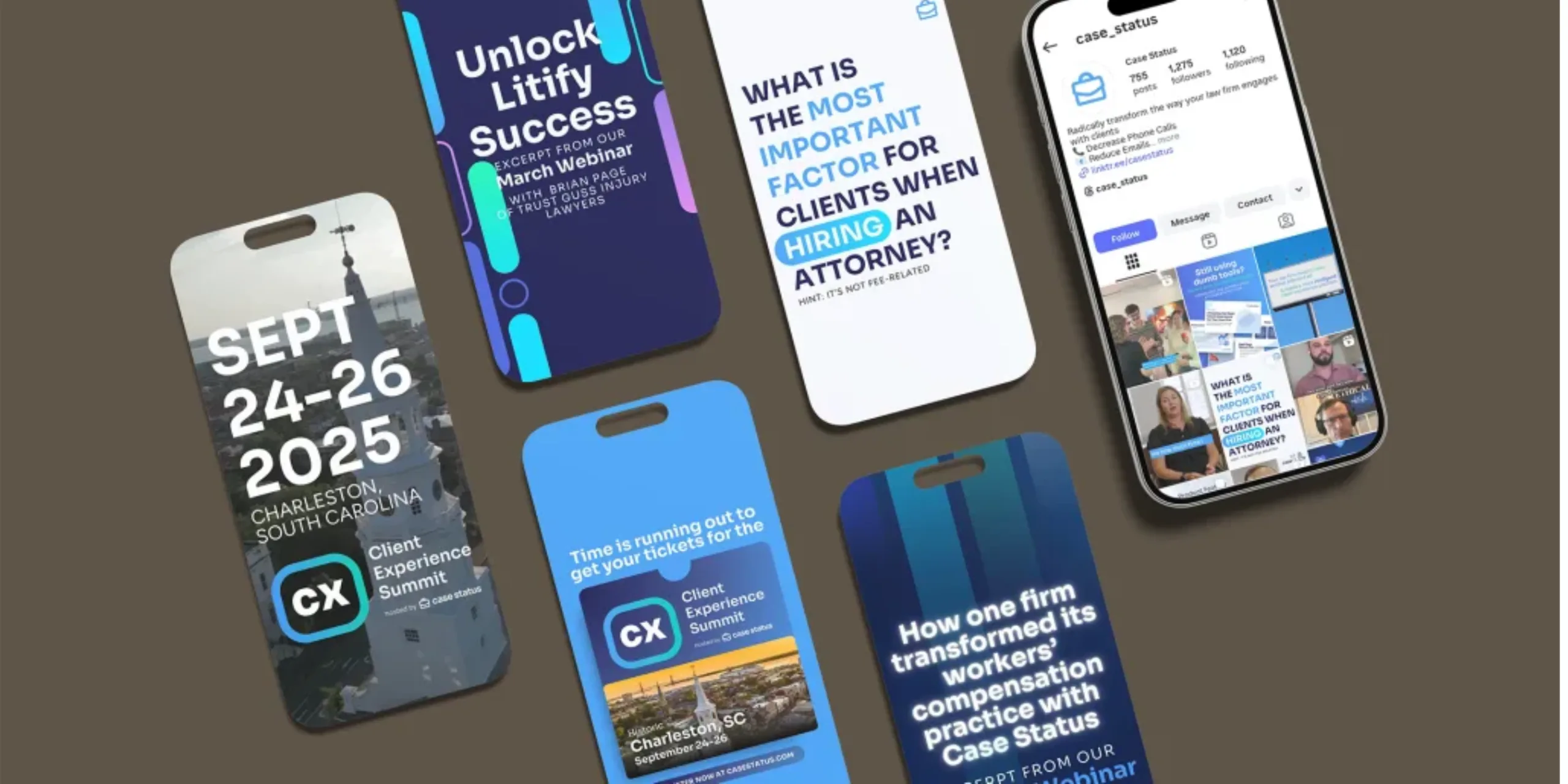 Example paid social ads 2026 campaign creatives displayed on mobile screens and cards promoting legal marketing content and events